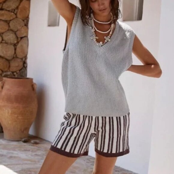 Free People (FP) Beach Shorts Women's Large High-Waist Striped Knit Shorts - Picture 4 of 13